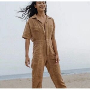 MATE THE LABEL 100% Linen Short Sleeve Jumpsuit Sedona Clay Brown sz M New!